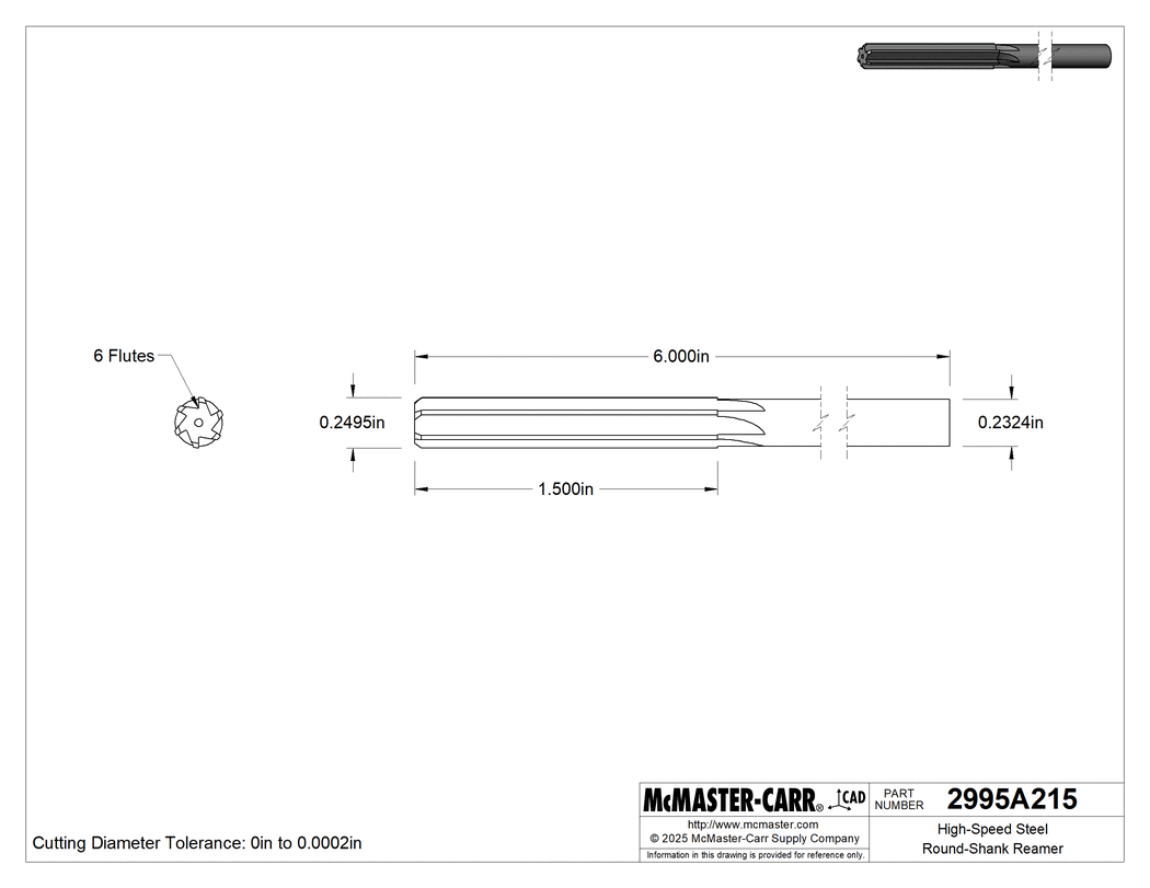 Technical Drawing of High-Speed Steel Round-Shank Reamer, with Straight Flute, 0.2495" Reamer Diameter.